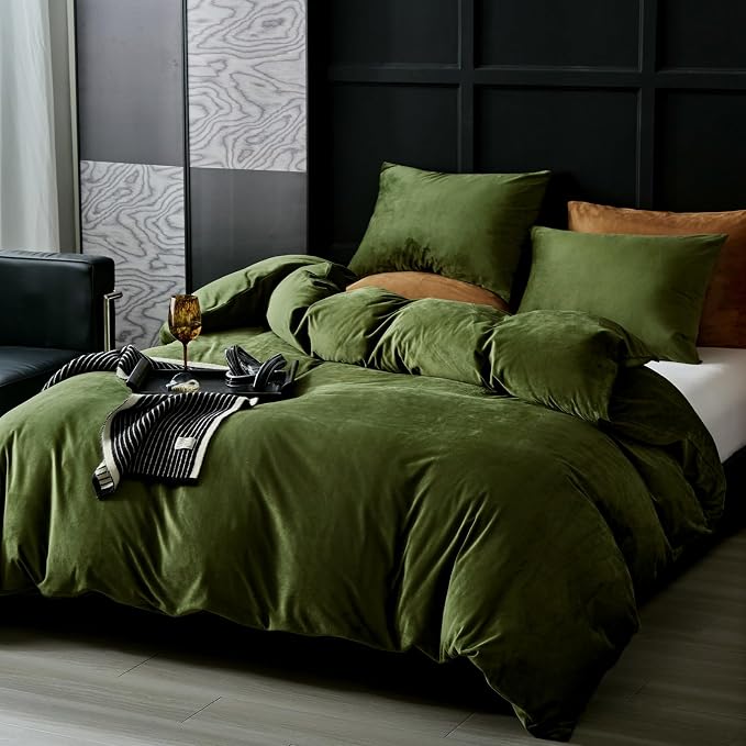 WARMDERN Olive Green Flannel Velvet Duvet Cover Queen Size Duvet Cover Bedding Sets, 3pcs Ultra Soft Luxury Textured Modern Crystal Velvet Duvet Covers with Zipper Closure(Olive Green, Full)