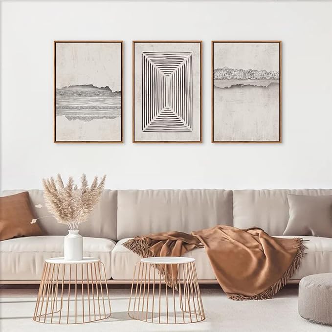 CHDITB Modern Abstract Canvas Wall Art, Neutral Framed Art Prints, Black Beige Large Wall Painting, Geometric Line Textured Minimalist Wall Decor for Living Room Bedroom Dining Room Office 24"x36"x3