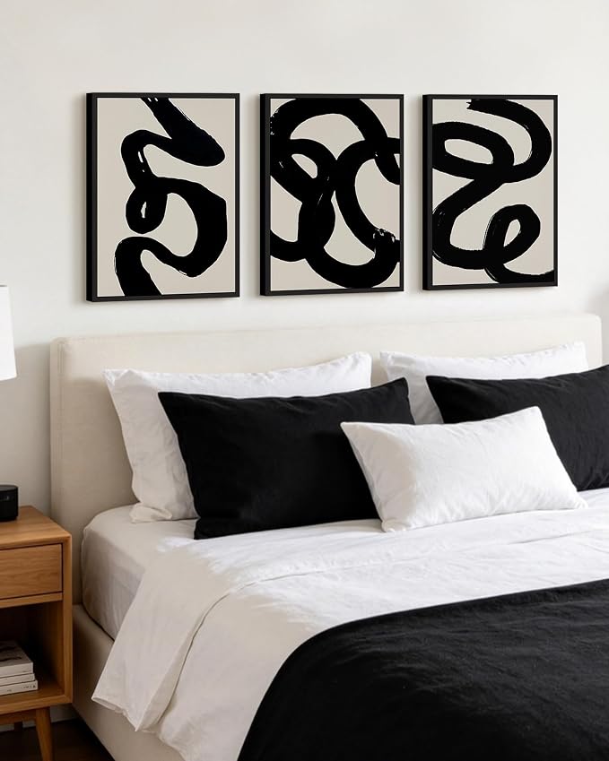 PHOPAGO Black Abstract Modern Framed Wall Art Ink Wash Minimalist Thick Black Lines Paints Artwork Bedroom Living Room Home Decor - 12x16in Black Framed