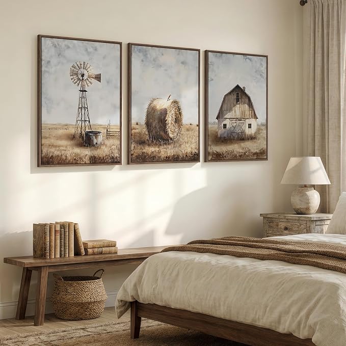 Framed Vintage Farmhouse Wall Art for Living Room, Set of 3 Neutral Rustic Barn Windmill Large Canvas Prints, Country Hay Bale Wall Decor for Bedroom Dining Room Hallway 20x30 Inch