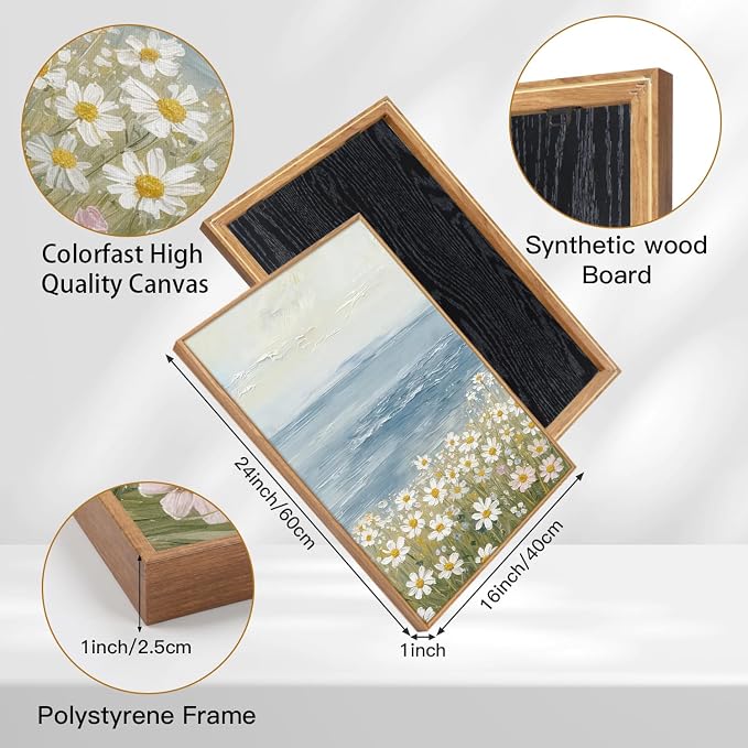 TOARTi Large Framed Coastal Wildflower Canvas Wall Art Set,Watercolor Beach Daisy Flower Ocean Wall Decor,Nature Seaside Landscapes Art Prints for Farmhouse Home Living Room Bedroom Office-16”x24”x3