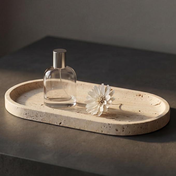 YKAJO Natural Travertine Beige Oval Marble Tray, 11.8x5.9 Vanity Organizer | Honed natural stone; jewelry & trinket dish, ring & key holder, soap & candle catchall; bath counter, dresser, coffee table