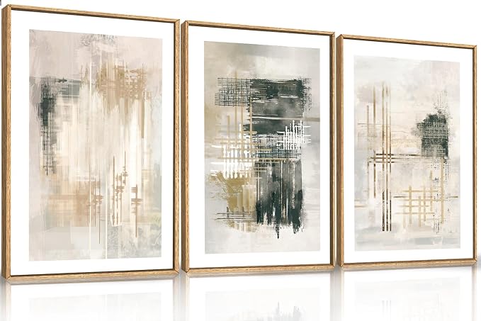 Modern Abstract Framed Canvas Wall Art Set, Minimalist Neutral Wall Decor, Textured Stroke Art Prints, Beige Black White Painting for Living Room, Bedroom, Office -24''x36''x3