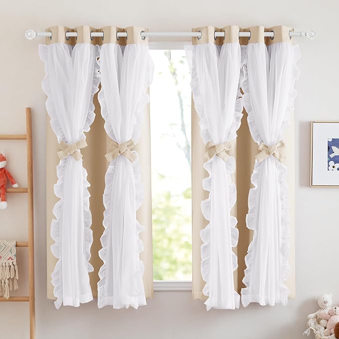 PONY DANCE Ruffle Curtains Double Layers Sheer Overlay Elegant Decoration for French Country Rustic Design Window Covering with Tiebacks, 52" Wide x 63" Long, Biscotti Beige, 2 Panels