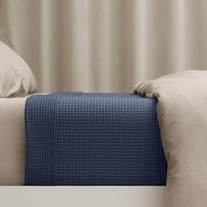PHF Pre-Washed 100% Cotton Waffle Weave Blanket King Size for Bed,Snag Proof Throw Blanket for Couch Spring Summer Lightweight Breathable,Machine Washable, Home Decor Gift - Dark Navy