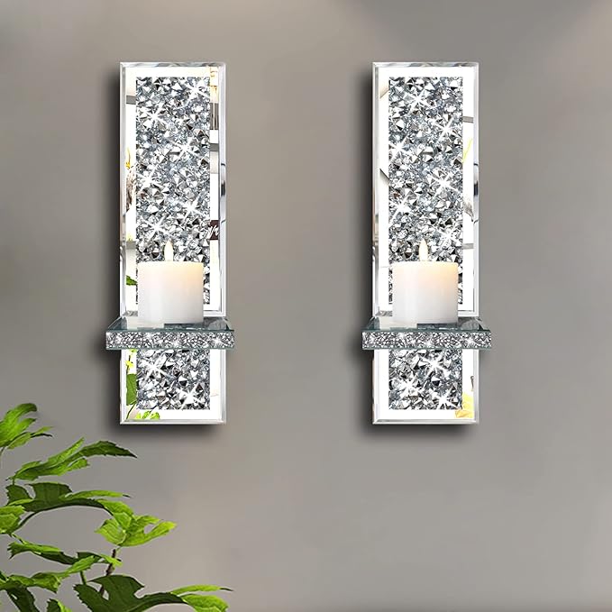 ZOLAPI Set of 2 Crystal Crush Diamond Candle Sconces, Gorgeous Silver Mirrored Wall Sconce, Candle Holder Glass Wall Decorations for Home Décor, Living Room, Dining Room.