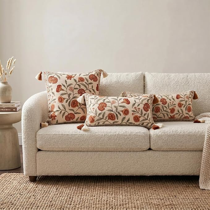 ISAENNE French Elegant Linen Rectangle Throw Pillow Cover,28"x12"-Albano A | Designer Vintage Pillow Cover,Concealed Zipper Design,Orange Floral Pattern,Sofa,Bedroom,Living Room,Lounge Chairs