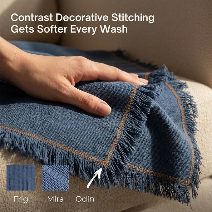 Odin Waffle Throw Blanket with Tassels, 50x66 Inch, 100% Turkish Cotton, Oeko-TEX Certified, Breathable Lightweight Throw for Couch, Sofa & Bed, Made in Turkey, Denim