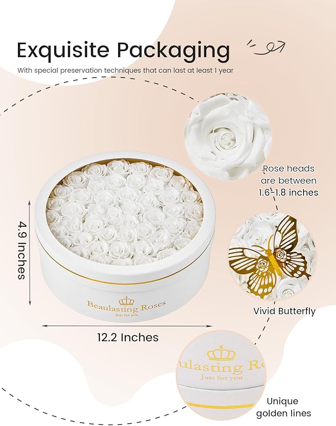 47 Preserved Roses Forever Flowers Real Roses in a Box Mother's Day Birthday Flowers for Her Mom Women Wife Valentine's Day, White Roses
