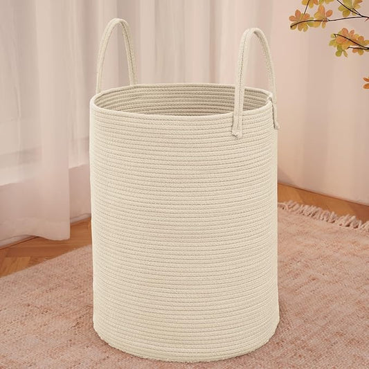 JMvicyroam Large Woven Laundry Basket Hamper,100L Cotton Rope Storage Bin for Blankets,Toys and Clothes,Decorative Tall Nursery Hamper for Living Room,Baby Nursery,Bathroom and Bedroom,Beige