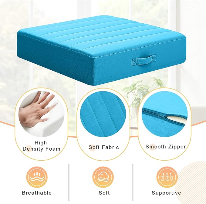 MeMoreCool Square Floor Pillow Seating for Adults Kids, Large Meditation Cushion Floor Pillow with Thick Foam & Soft Tufted Cover, Washable Big Pillow Seat Floor Cushion for Sitting Yoga 24" Blue