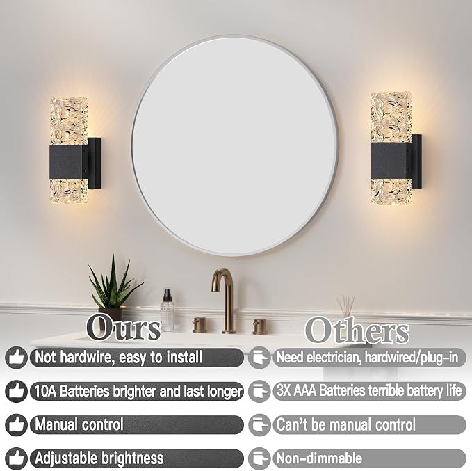 camuucci Battery Operated Wall Sconce Rechargeable Battery Powered 12000mAh Wall Light Indoor Not Hardwired Wall Lamp Fixtures for Bedroom Living Room 2Pack