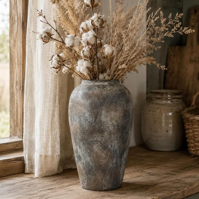 12 Inch Vintage Farmhouse Decor Ceramic Rustic Vase, Handmade Brown Flower Vases for Centerpieces, Living Room & Kitchen Shelf Decorative Pottery Vase for Home Decor