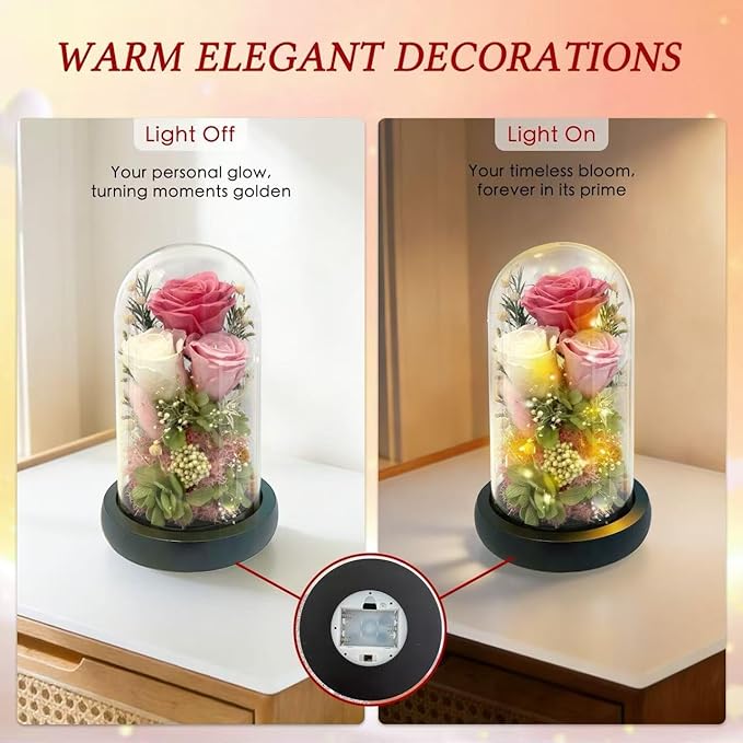 HipTree Preserved Pink Rose in Glass Dome with LED Lights - Forever Eternal Real Rose Gifts for Women, Valentines Day Mothers Day Birthday Christmas Gift Wedding Anniversary for Mom Wife Girlfriend