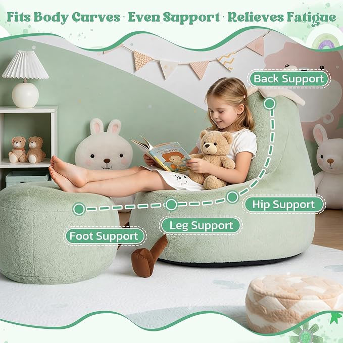 2.5FT Memory Foam Bean Bag Chair - Ultra Soft Faux Rabbit Fur Sofa with Handle & Machine Washable Cover, Comfy Lazy Chair for Kids Teens, Perfect for Reading Gaming in Living Room Bedroom，Green