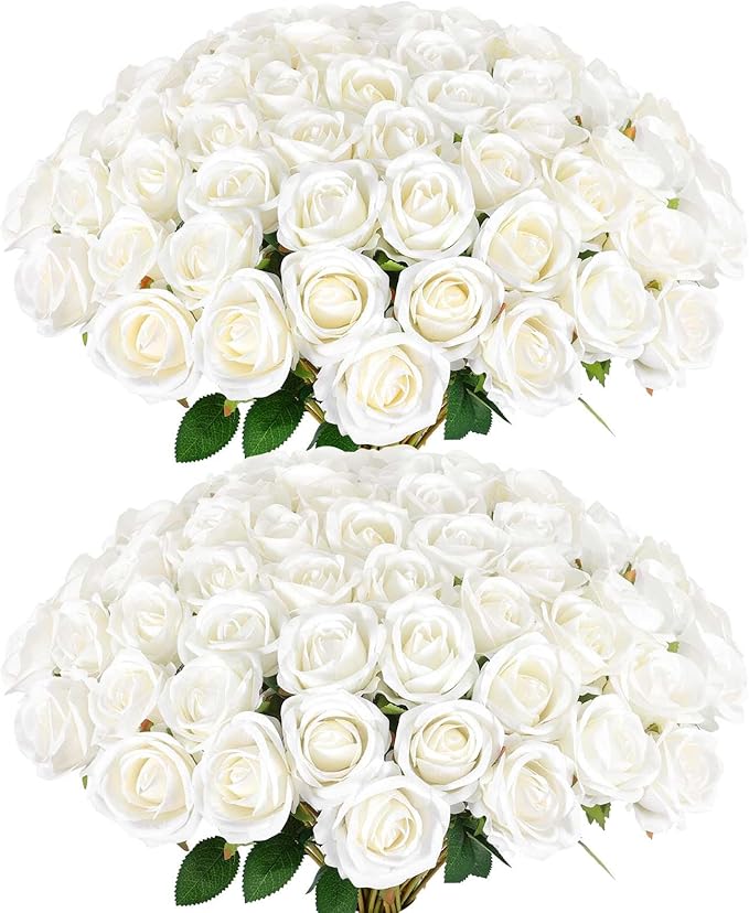 Rowfad 120 Pcs Artificial Roses Bulk Velvet Silk White Roses White Roses for Wedding Centerpieces Bridal Bouquet Mohter's Day Home Decor (120, White)