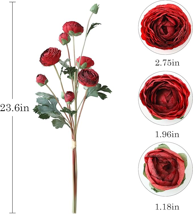 6Pcs Realistic Silk Red Ranunculus Artificial Flowers Long Stems, 23.6" Tall Fake Flowers Faux Flowers Suit for Year-Round Home Decoration, Wedding, Bridal Bouquets, Office