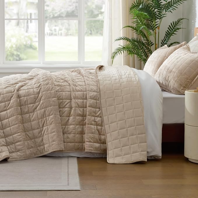 BEDELITE Velvet Quilt Set King Size - Luxury Soft Velvet Comforter Bedding Set for All Season, Lightweight Quilted Box Stitch Oversized Bedspread Coverlet with 2 Matching Shams, Taupe