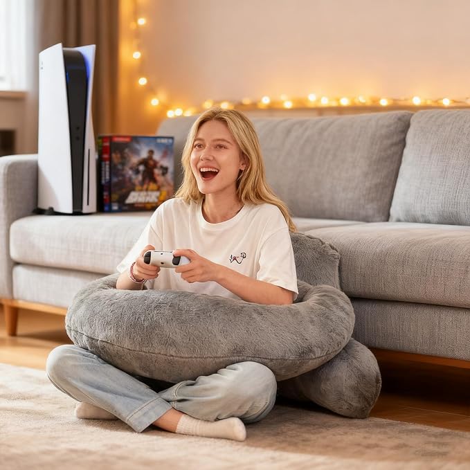 17" Reading Pillow for Bed,U Shaped Arm & Elbow Support,Gray Faux Fur | Backrest Supports Back,U Shaped Lap Pillow Cushions Arms,Elbows & Wrists,Plush Faux Fur for Reading,Gaming,Watching TV