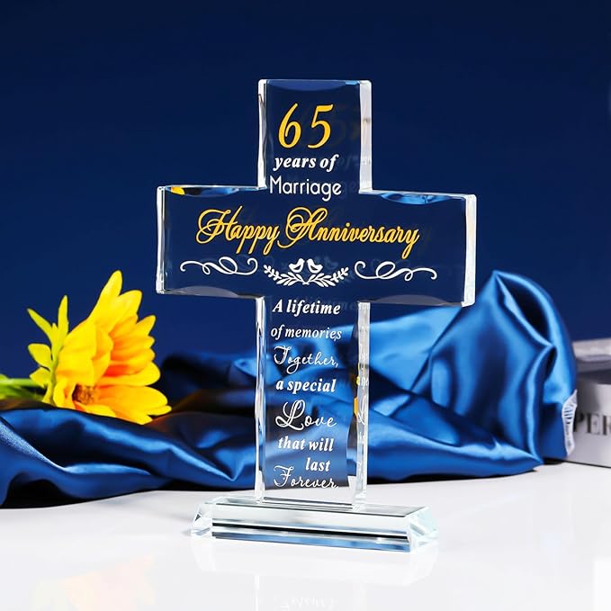 YWHL 65th Wedding Anniversary Cross Gifts for Parents Grandparents, 65th Anniversary Party Decoration, 65 Years of Marriage Glass Cross Keepsake for Couple