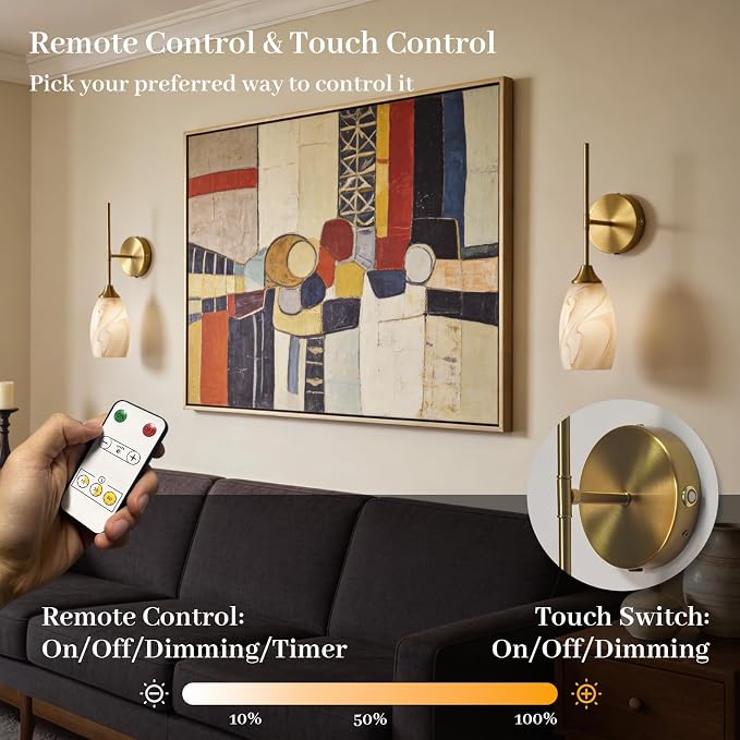 Battery Operated Wall Sconces Set of 2, Gold Rechargeable Wireless Wall Sconces with Hand-Blown Glass, Remote Control, Magnetic Mount,Dimmable 3 Colors for Bedroom Living Room Hallway
