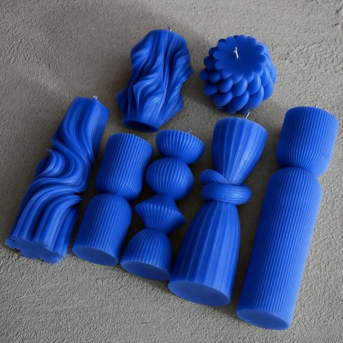 7-Pack Pillar Candles - Soy Wax Handmade Ribbed Candles for Home Decor, Housewarming Gift, Shelf & Table Decor - Aesthetic Modern Candles Set (Blue)