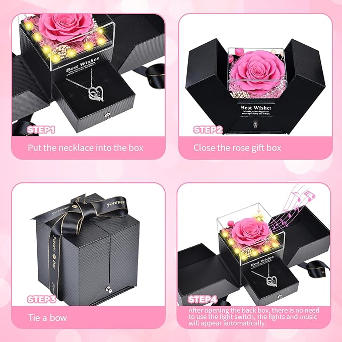 Pasuvsigt Valentines Day Rose Gifts for Her, Preserved Real Rose with I Love You Heart 100-Language Necklace, LED Lights & Music Box, Anniversary Birthday Valentines Gifts for Women Girlfriend Mom