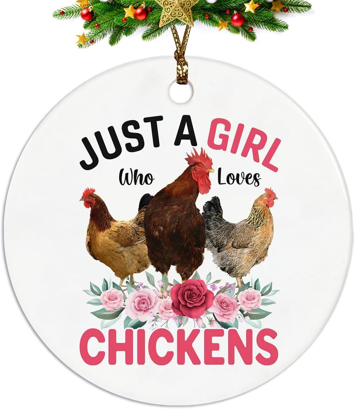 Christmas Chicken Ornaments, Chicken Gifts for Girls Chicken Lovers Women, Chicken Mom Lady Gifts, Just a Girl Who Loves Chickens Ceramic Christmas Xmas Ornament Keepsake Decorations