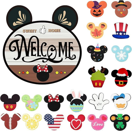 15.7'' Cute Mouse Seasonal Interchangeable Home Sign for Front Porch,18pcs Interchangeable Hanging Vertical Welcome Door Sign for Farmhouse/Wall/Porch Decor and Housewarming Gift