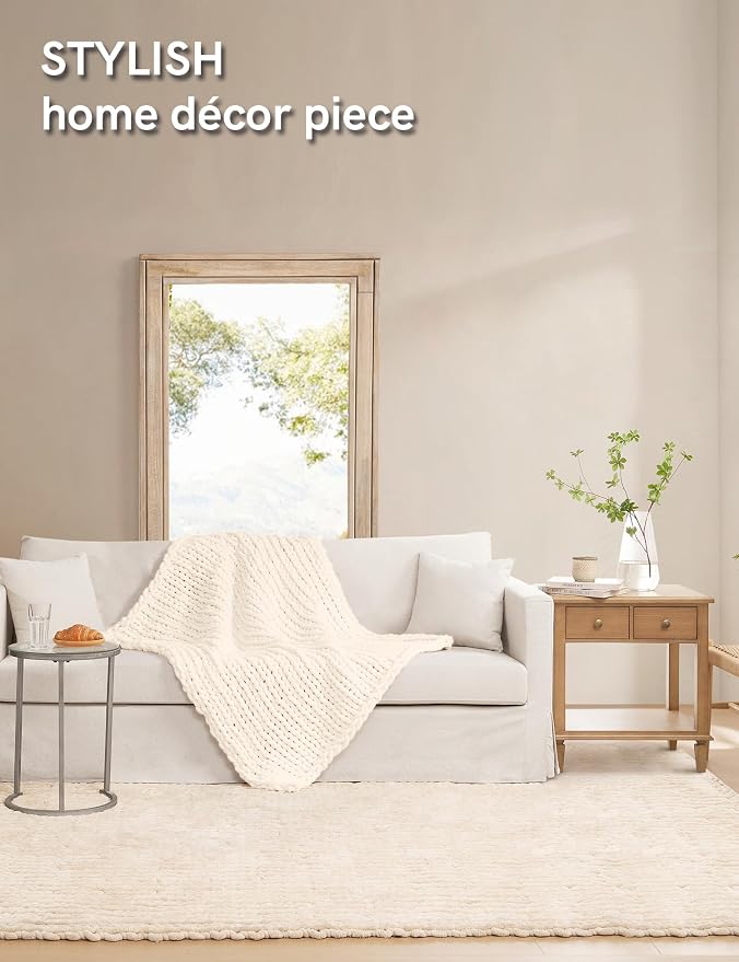 YnM Chunky Throw Blanket, Hand Knitted with Chenille Yarn, Skin Friendly, Ventilated and Breathable, Machine Washable, Home Décor Piece for Couch, Sofa and Bed (Butter Cream, 50x60 Inch)