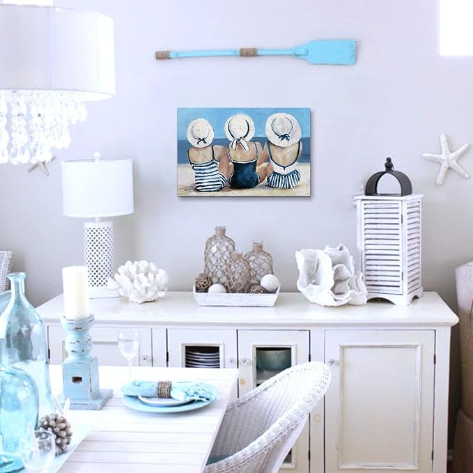 Beach Girls Wall Art Coastal Room Wall Decor Vintage Ocean Landscape Picture Nautical Bathroom Canvas Prints 16x24”, Retro Seascape Poster Swimsuit Girl Painting Modern Artwork Bedroom Decoration