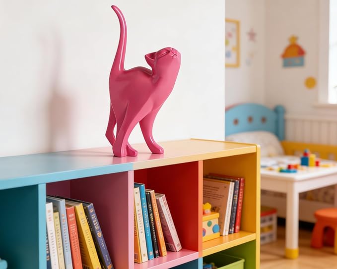 Hot Pink Cat Statue Modern Abstract, Home Office Shelf Decor, 7-Inch Vibrant Assorted Colors, Easy to Match Any Decor Style