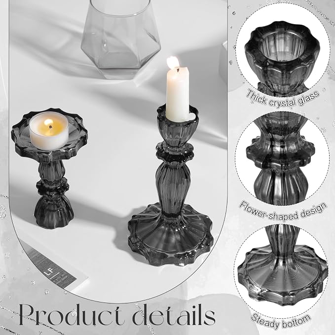 12 Pack Glass Candlestick Holders Set 4.3/6.1'' Taper Stripe Candle Holder Bulk Floral Shape Crystal Decorative Candle Stand Centerpiece for Table Wedding Dining (Black)