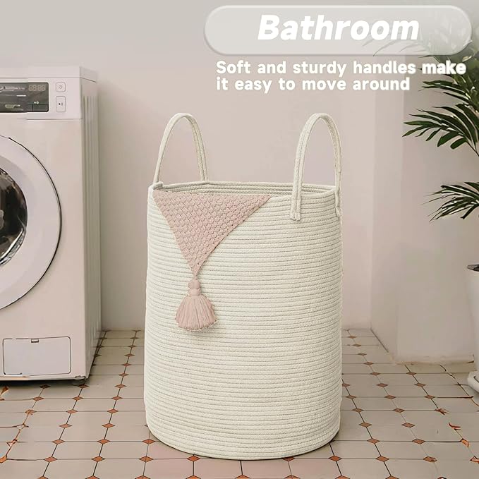 JMvicyroam Large Woven Laundry Basket Hamper,80L Cotton Rope Storage Bin for Blankets,Toys and Clothes,Decorative Tall Nursery Hamper for Living Room,Baby Nursery,Bathroom and Bedroom,White