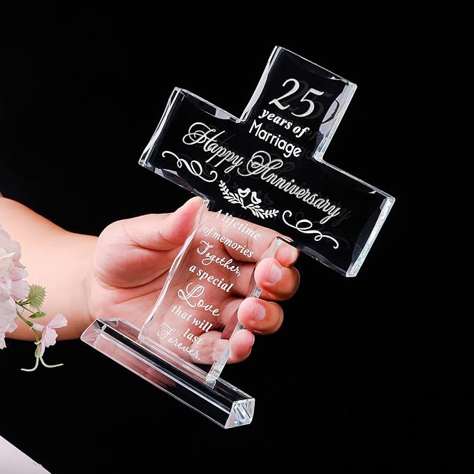 YWHL 25th Wedding Anniversary Glass Cross Gifts for Wife Husband, Laser Engraved 25 Year Anniversary Standing Cross Gifts for Couple, 25 Years of Marriage Decorations