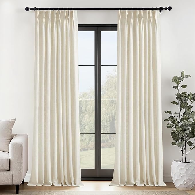 Pinch Pleated Linen 96 inch Long Curtains for Living Room Bedroom 2 Panels Neutral Cream Beige Thick Linen Textured Farmhouse Pleat Curtain with Hooks Rings Back Tab Light Filtering Drapes 8 FT