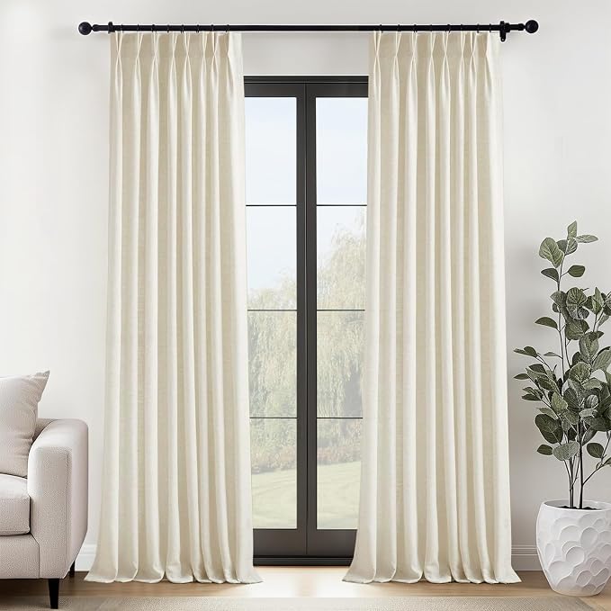 102 Inch Long Pinch Pleat Linen Curtains for Living Room Bedroom 2 Panels Rustic Country Farmhouse Cream Beige Light Filtering Semi Sheer Pleated Drapes Hooks Rings Back Tab for Window Sliding Door