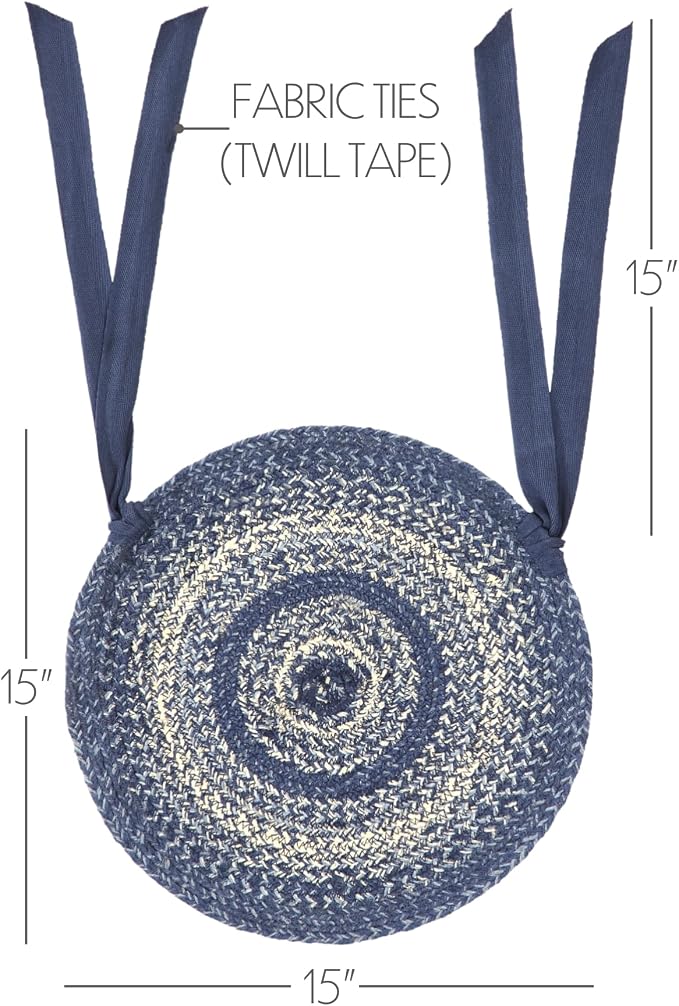 VHC Brands Great Falls Blue Round Seat Cushion Chair Pad, Blue White, Jute Blend with Ties, Set of 6, 15x15 Inches