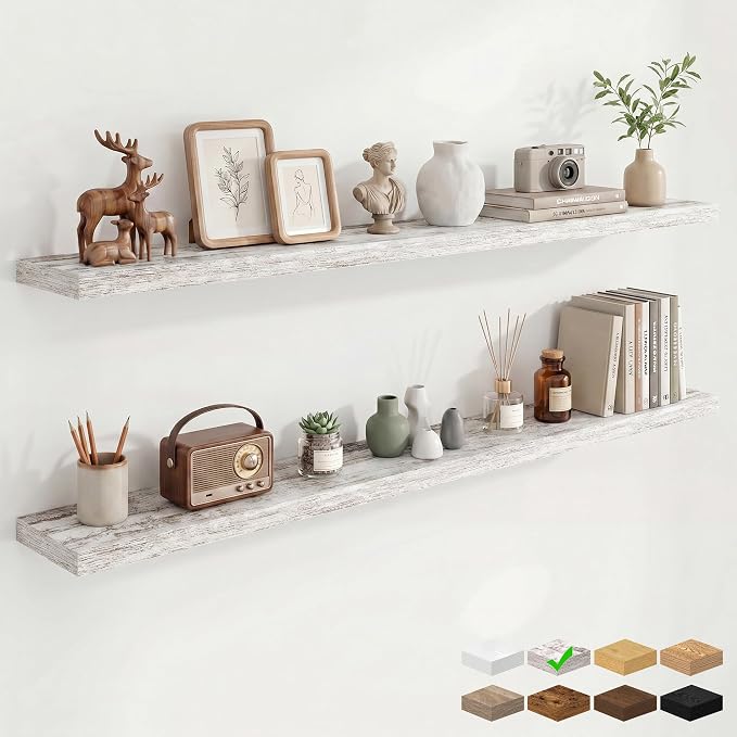 Marsmiles 55in Floating Shelves for Wall, 72" W x 9.25" D x 1.5" H, Long Wall Mounted Engineered Wood Shelves with Invisible Brackets for Living Room, Bedroom, Bathroom, Kitchen, Vintage White, 2Pcs