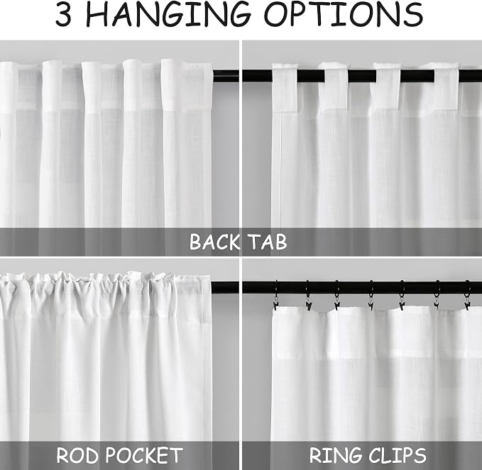 Nanspring Linen Curtains 90 Inches Long 2 Panels for Bedroom White Living Room Light Filtering Windows with Back Tab, Semi Sheer & Privacy Added Farmhouse Style for Living Room, White, W50 x L90