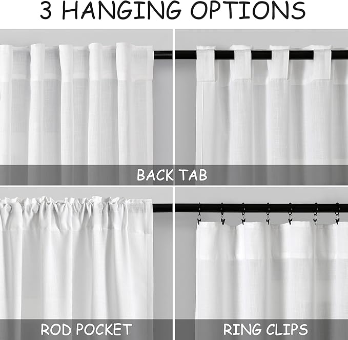 Nanspring 45 Inch Linen White Curtains for Kitchen Short Window Semi Sheer Light Filtering Linen Drapes Modern Farmhouse Back Tab Rod Pocket Curtain for Cafe Bathroom 34 X 45,2 Panels