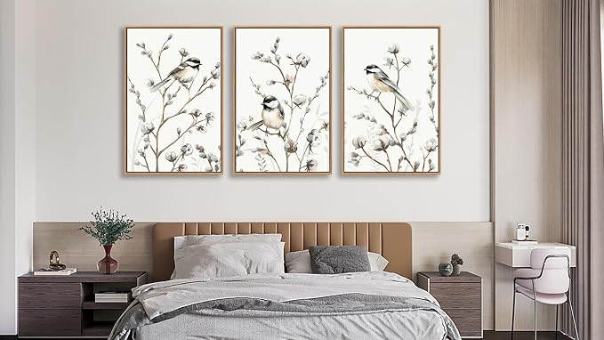 Large Bird Wall Art for Living Room Natural Wood Float Framed Art Set of 3 Tropical Plant Pictures Boho Artwork Creame White Flower Canvas Prints for Bedroom Kitchen Home Office Wall Decor 16"X24"X3