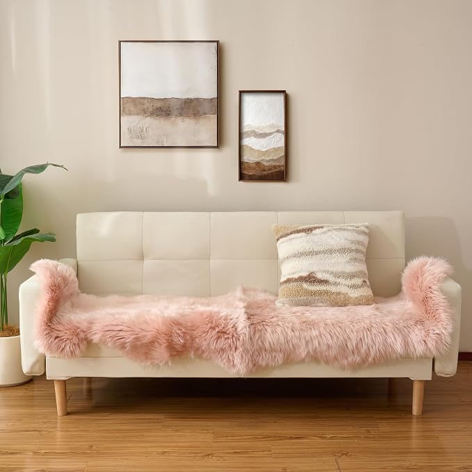 Premium Genuine Sheepskin Area Ruge - Real Wool Fur Shaggy Carpet | Fluffy Soft Natural Lambskin Rug Seat Chair Covers for Couch Sofa Bedroom Living Room(Pink,2×6 Feet Sheepskin)