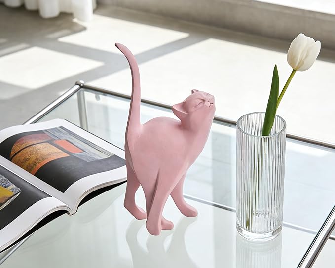 Pink Cat Statue Modern Abstract, Home Office Shelf Decor, 7-Inch Vibrant Assorted Colors, Easy to Match Any Decor Style