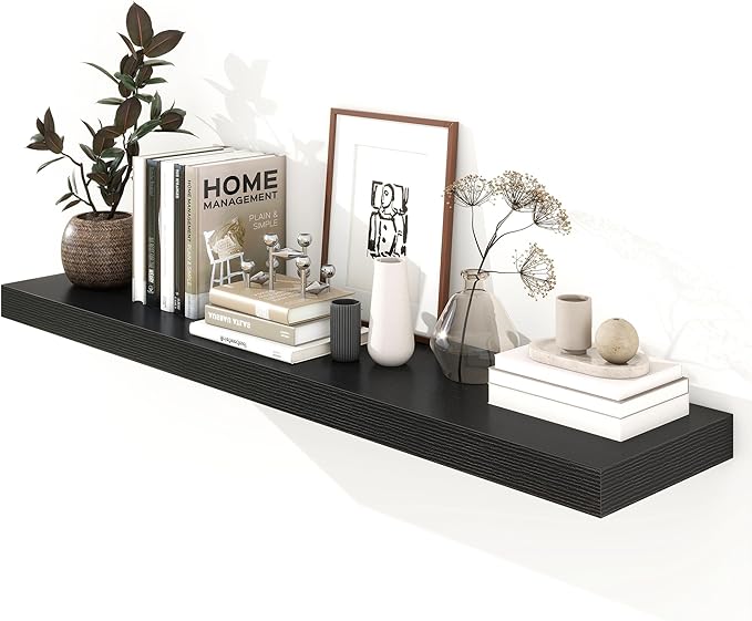 FLYJOE Deep Floating Shelves, 55 Inch Black Shelves Set of 1 | 12 Inch Deep Shelves for Wall, 55'' x 12'' Rustic Black Wood Shelves for Bathroom Living Room Laundry Room Kitchen