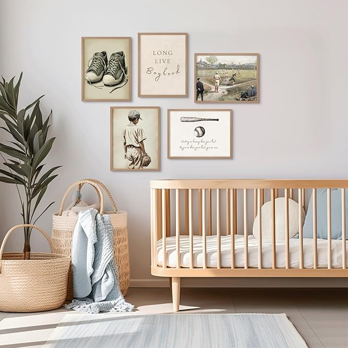 Baseball Nursery Wall Art Decor Vintage Boys Room Canvas Posters Sports Boy Pictures Baseball Vintage Nursery Painting Neutral Sport Kids Room Prints Wall Art for Bedroom 8x10x5 Inch Unframed ﻿