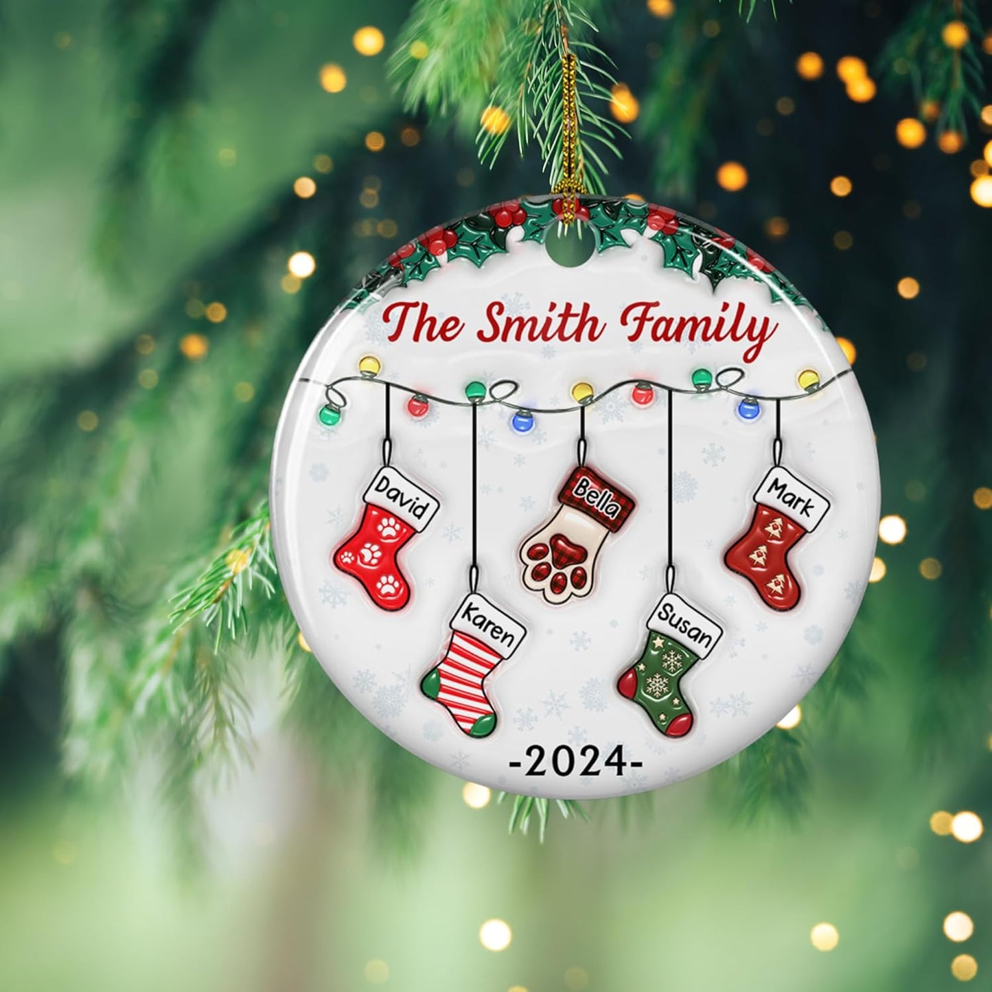 Stocking Personalized Family Christmas Ceramic Ornament 2025-3D Inflated Effect Custom Name Hanging Stock up to 10 Members, First Xmas as A Family Ornament Gifts (A04, 3 Names)