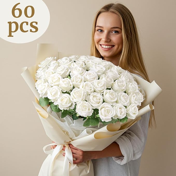 60PCS Artificial Roses Bulk, White Velvet Silk Fake Roses, Realistic White Flowers for Mother's Day, Wedding Centerpieces, Bridal Bouquets, Home Decor, Baby Shower, Valentine's Day Party Decorations
