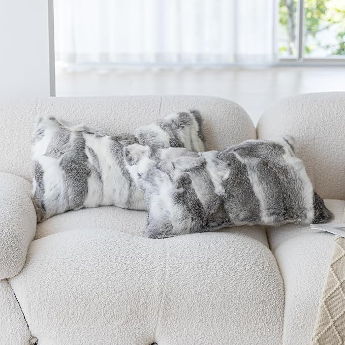 MOOX Rabbit Fur Pillow Covers Set of 2 Fur Throw Lumbar Decorative Pillow Fuzzy Soft Fluffy Genuine Animal Skin 12"x20" Sofa Couch Bed Cover, Couch-Grey White