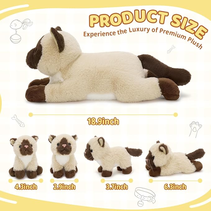 MorisMos 5 Pcs Siamese Cat Stuffed Animal, 19 Inch Large Mama Cat with 4 Baby Kittens, Soft Gift Toy for Kids, Cat Lovers & Nursery Decor, Birthday